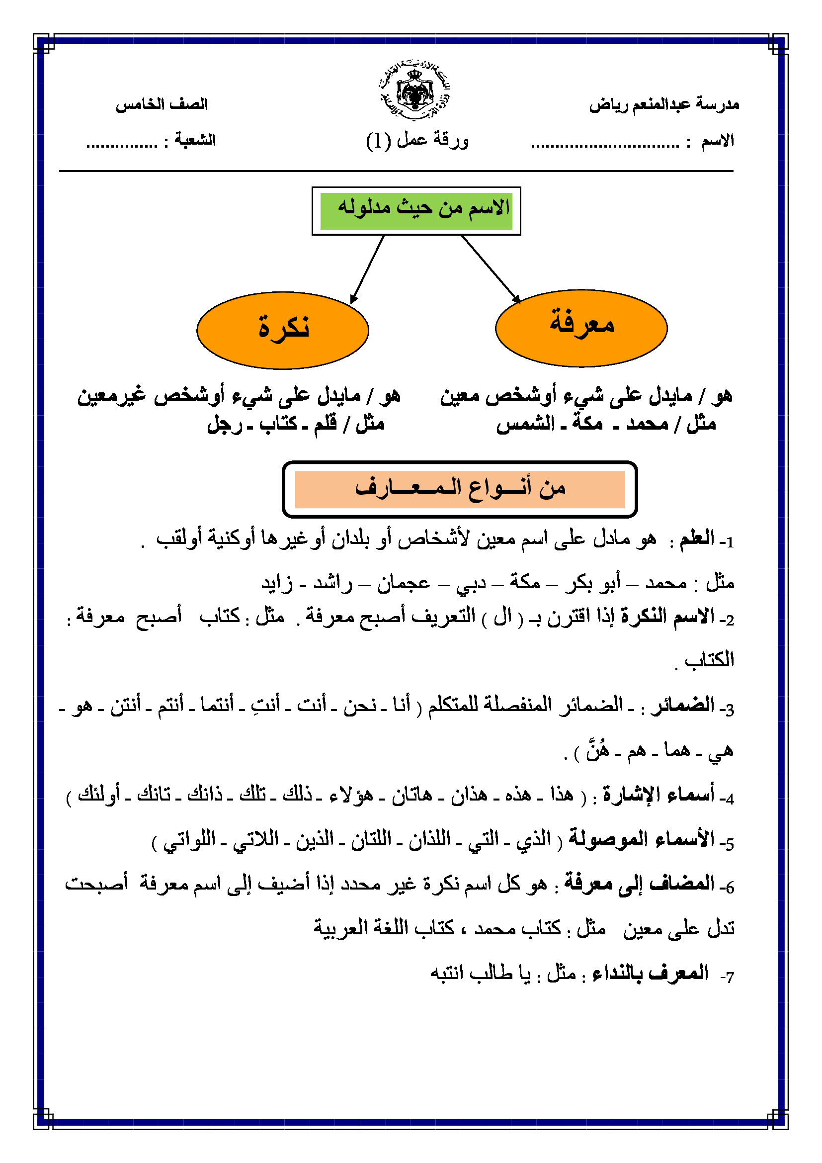 ورقة عمل "النكرة والمعرفة " لمادة اللغة العربية للصف الخامس الفصل الاول