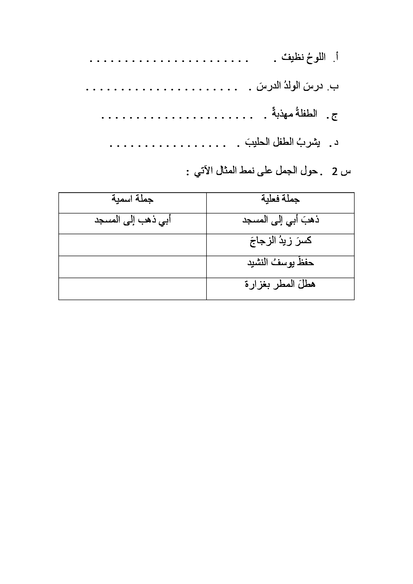 ورقة عمل "الجملة الفعلية والجملة الاسمية" لمادة اللغة العربية للصف