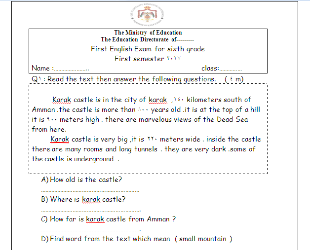 اختبار انجليزي سادس الفصل الثاني