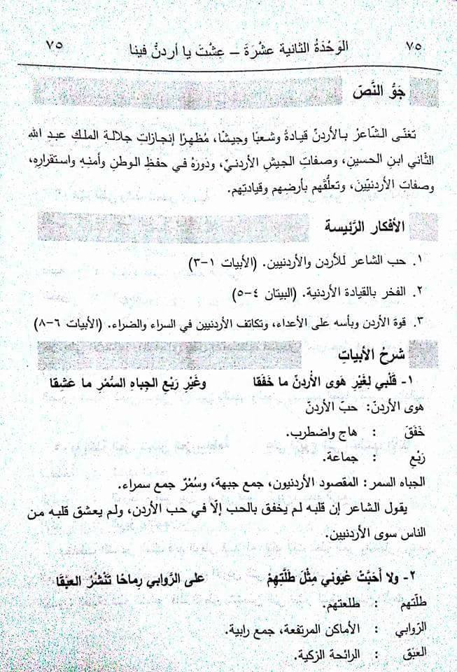 بالصور شرح معاني أفكار إجابات عشت يا أردن فينا لمادة اللغة